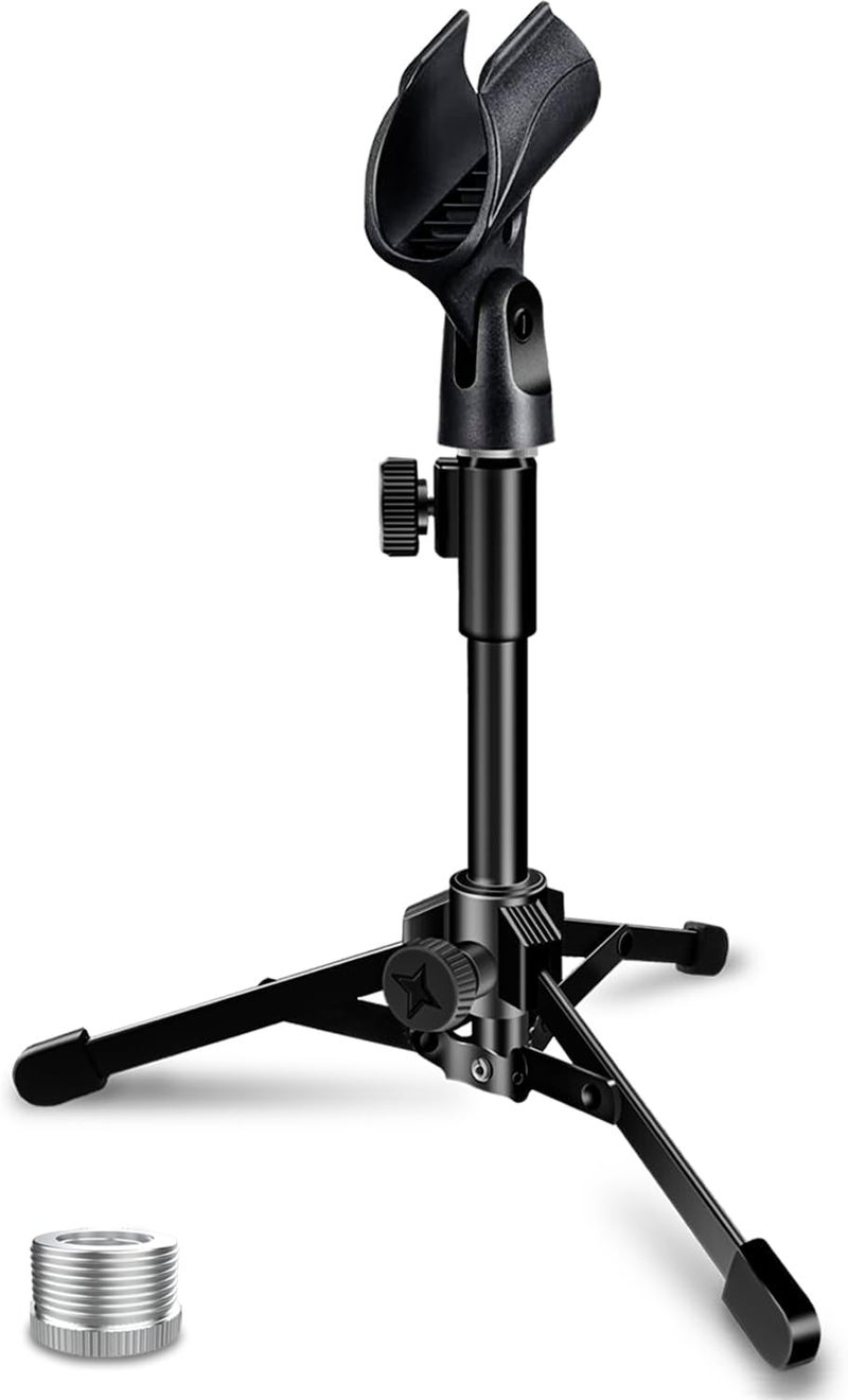 Mictop Desktop Mic Stand Portable Foldable Tripod with Mic Clip Holder and 5/8" Male to 3/8" Female Screw Adjustable Microphone Stand. - Image 1